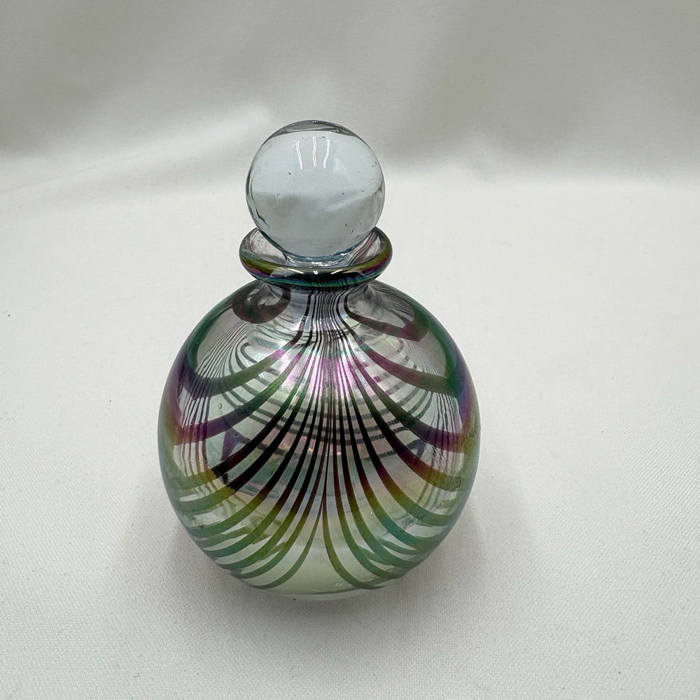 Vintage Silvestri Studio Art Glass Green Purple Swirl Iridescent Perfume Bottle